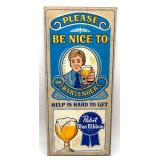 Vintage Pabst Blue Ribbon Wooden Bar Sign with Bartender Graphic