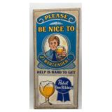 Vintage Pabst Blue Ribbon Wooden Bar Sign with Bartender Graphic