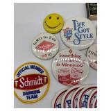 Collection of Vintage Beer Memorabilia including Pins, Patches, and Matchbox