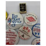 Collection of Vintage Beer Memorabilia including Pins, Patches, and Matchbox