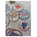 Collection of Vintage Beer Memorabilia including Pins, Patches, and Matchbox