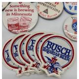 Collection of Vintage Beer Memorabilia including Pins, Patches, and Matchbox