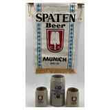 Spaten and Hacker-Pschorr Beer Stein Collection with Wall Banner