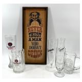 Set of 6 Beer Glasses with Framed Vintage Bar Sign