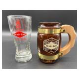 Set of Grain Belt Beer Mugs: Glass & Brown Barrel-Style Mug