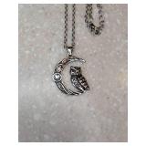 New Owl And Moon Pendant Necklace Antique Silvery Plated *P