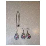 New Boho Tribal Necklace And Pierced Earrings Blue Enamel Acrylic Accents *P