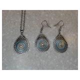 New Boho Chic Tear Drop Necklace Pierced Earrings Set Rhinestone Accents *P