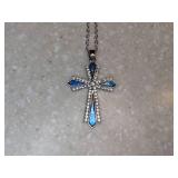 New Dark Blue Cross Pendant Necklace Silvery *P