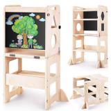 Brand New Woodure 4-in-1 Toddler Kitchen Step Stool, Foldable Learning Standing Tower with Blackboard $79.00 Retail *B