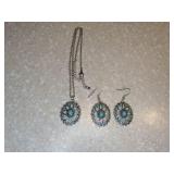 New Bohemian Style Water Drop Shape Necklace Pierced Earrings Turquoise Silvery *P