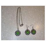 New Necklace With Pierced Earrings Green Stone Silvery *P