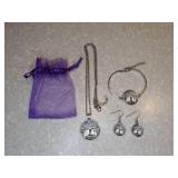 New Tree Of Life Glass Cabochon Alloy Necklace Pierced Earrings Bangle Set Silvery *P