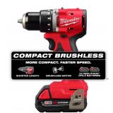 Brand New Milwaukee M18 18V Lithium-Ion Brushless Cordless 1/2 in. Compact Drill/Driver Kit with Two 2.0 Ah Batteries, Charger and Case $199 Retail *N