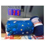 Sunbeam micro plush heated throw & kids sleeping bag. As shown.