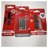 Lot Of Three New Milwaukee Items 2 3/8" Bit Holder 48-32-4502, 4 Piece Screw Extractor Set And 1" 10 Piece Impact Bit Set