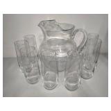 Glass pitcher w/Eight Champagne Glasses