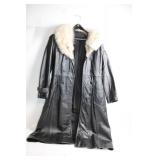 Black Leather Coat with Soft Fur Collar, Size XS/Small