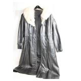 Black Leather Coat with Soft Fur Collar, Size XS/Small