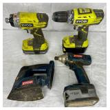 Three Ryobi Cordless Drills and Cordless Sander P236A, P208B, P231 and P400 (sander)