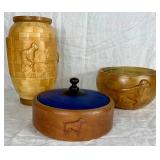 Handmade Turned Wooden Dog Themed Bowl, Covered Bowl and Vase