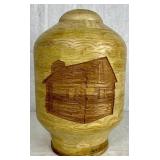 Handmade/Handturned Wooden Urn with Cabin, Pine Tree and Moose