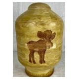 Handmade/Handturned Wooden Urn with Cabin, Pine Tree and Moose