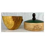 Two Handmade Turned Wooden Bowls with Cat Theme