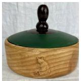 Two Handmade Turned Wooden Bowls with Cat Theme