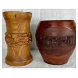 Two Handmade Turned Wooden Vases with Wine Theme