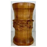 Two Handmade Turned Wooden Vases with Wine Theme