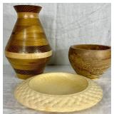 Three Handmade Turned Wooden Pieces - 9" Vase, 4" Bowl and 8.5" W Bowl