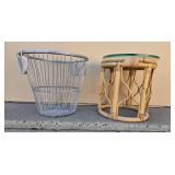 Wire Basket and Bamboo Side Table Set with Glass Top
