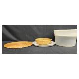 Collection of Kitchen Essentials: Tupperware, Woven Basket and Mat