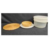 Collection of Kitchen Essentials: Tupperware, Woven Basket and Mat