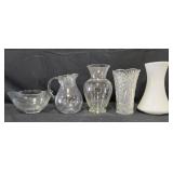 Assorted Glassware Collection including Vases, Pitcher, and Bowl