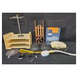 Assorted Office and Household Items Including Paper Trays, Phone, and Lamp
