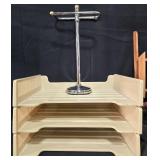 Assorted Office and Household Items Including Paper Trays, Phone, and Lamp