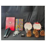Assorted Holiday Decorations Including Pinecones and LED Lights