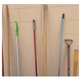 Collection of Assorted Brooms and Yard Tools