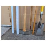 Collection of Yard and Garden Tools Including Rakes, Shovel, and Pole Pruner