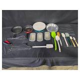 Assorted Kitchenware Collection with Pans, Utensils, and Bakeware