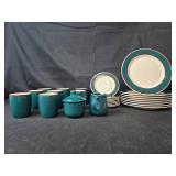 Fusions Evergreen & Raspberry by Nancy Calhoun Elegant Dinnerware Set with Teal and White Design