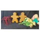 Holiday Decor Collection: Stuffed Bunny, Gingerbread Pans, Red Gift Box Wire Frame, and Poinsettia Arrangement