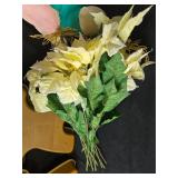 Holiday Decor Collection: Stuffed Bunny, Gingerbread Pans, Red Gift Box Wire Frame, and Poinsettia Arrangement