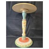Hand-Painted Pedestal Table with Floral and Checkered Design