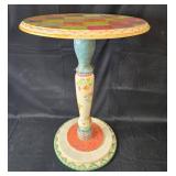 Hand-Painted Pedestal Table with Floral and Checkered Design
