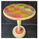 Hand-Painted Pedestal Table with Floral and Checkered Design
