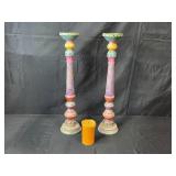 Set of 2 Colorful Shabby Chic Candlesticks with Orange Candle - 24" tall