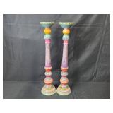 Set of 2 Colorful Shabby Chic Candlesticks with Orange Candle - 24" tall